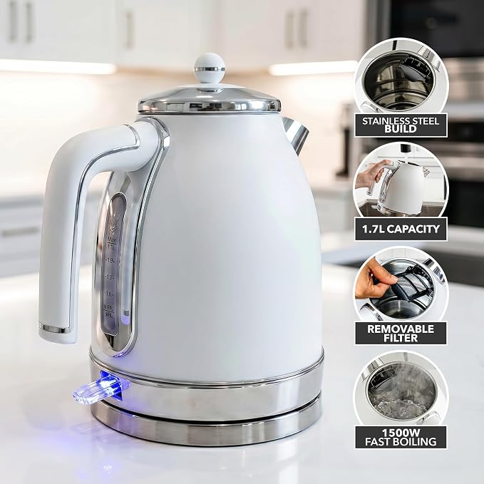 OVENTE 1.7L Stainless Steel Electric Kettle, 1500W Power, White KS777W | Fast Boiling Heater, BPA Free, Cordless Body Design, Auto Shut-Off, Boil-Dry Protection, Indicator Light and Removable Filter