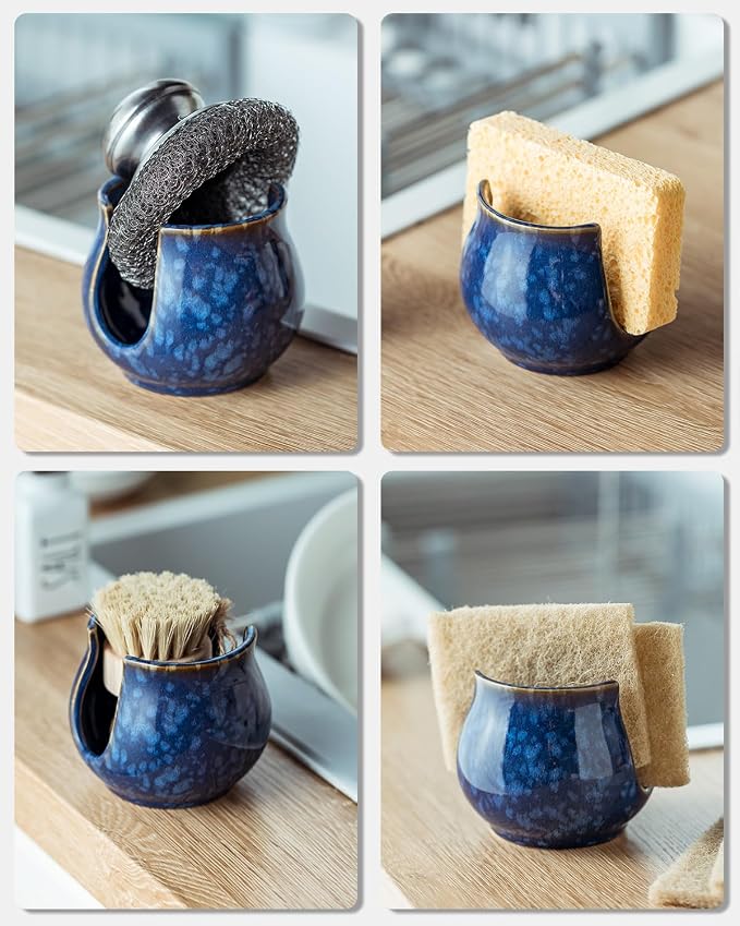 Zoeeker Ceramic Sponge Holder, Kitchen Sink Scrubby Caddy Organizer Dish Sponge Dish Rack for Scrubbers, Bathroom, Sink, Blue | Dish Brush Holder Sponge Organizer Cute Scrubby Caddy for Kitchen, Bathroom, Sink, Countertop, Farmhouse Kitchen Decor, Blue