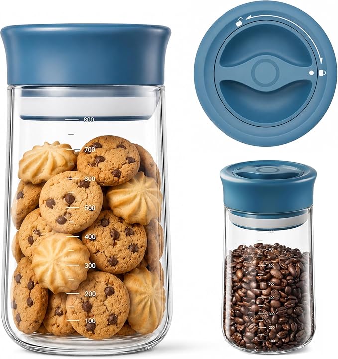 Airtight Glass Jar with Rotary Lid for Kitchen, Counter, Pantry, 27 fl oz | Wide Mouth, Easy Open/Clean, Clear Borosilicate Food Jar with Scale, Lock Freshness for Coffee, Oats, Pasta, Cookies, Cereal