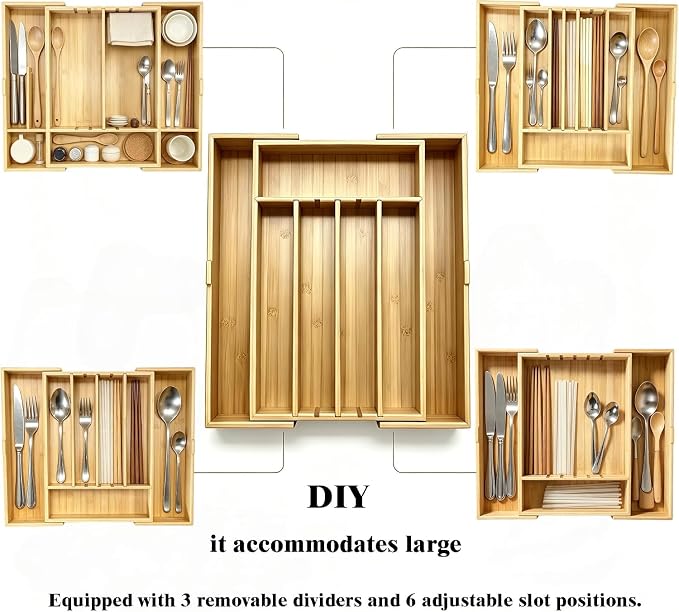 Large Expandable Silverware Organizer | 2.5" High,DIY Partition,Premium Bamboo Cutlery Tray Flatware Holder