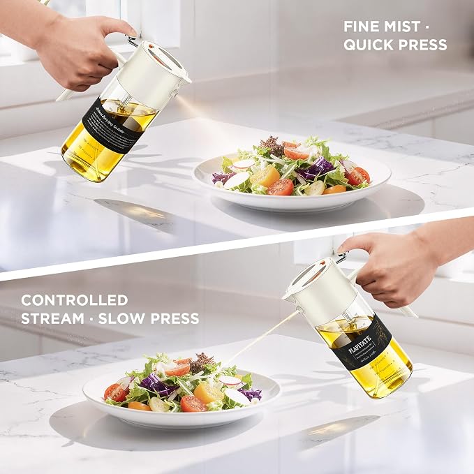 PLAPITATE 17oz/500ml Premium Olive Oil Sprayer for Cooking, 2 in 1 Glass Olive Oil Dispenser Bottle for Kitchen Gadgets, Spray Bottle with Portion Control for Salad, Frying, BBQ (White)