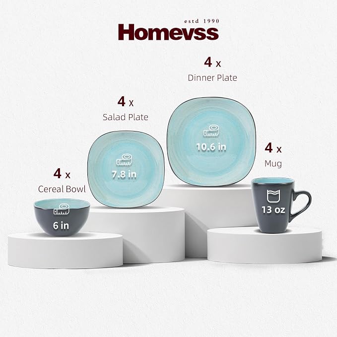 HomeVss, Stoneware Square 16pc Dinnerware Set, Inside Spinwaseh Swirl Turquoise + Outside Black