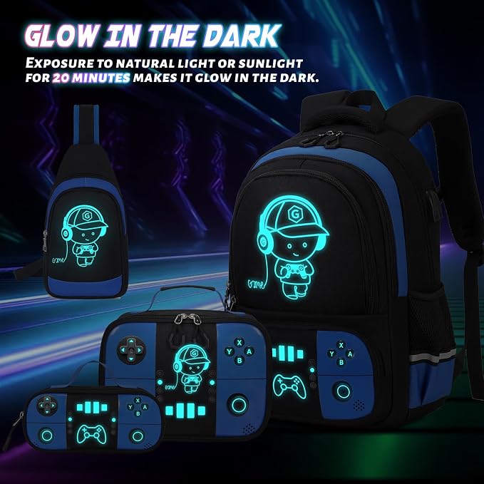 Backpack for School Boys, Cool Luminous Gamer Boys Schoolbag | with Lunch Box & Pencil Case Set for Kids Teens Elementary Middle School, Bookbag Glow In The Dark