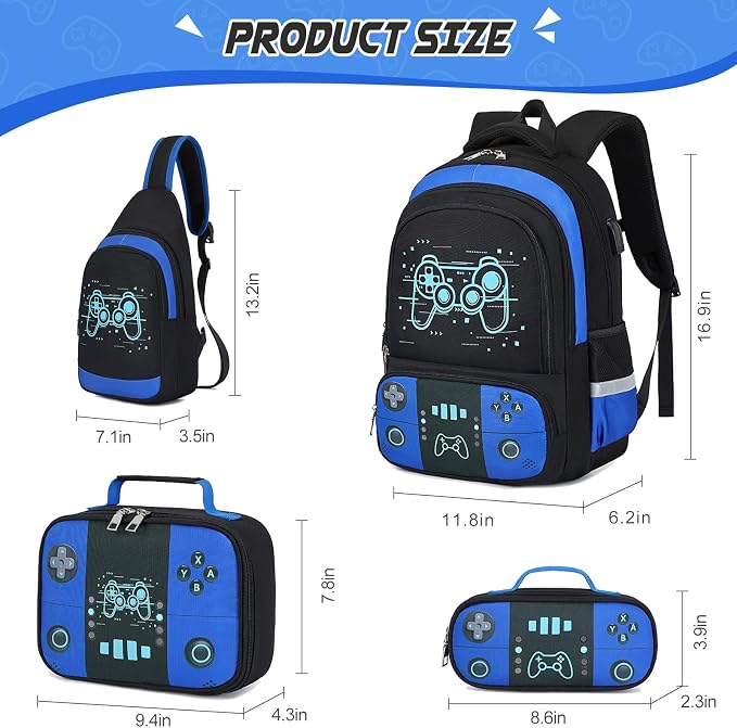 Backpack for School Boys, Cool Luminous Gamer Boys Schoolbag | with Lunch Box & Pencil Case Set for Kids Teens Elementary Middle School, Bookbag Glow In The Dark
