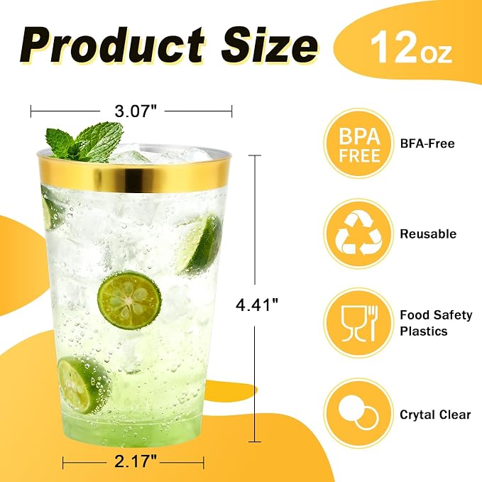 BYSNOW 100 Pack 12 oz Gold Plastic Cups, Disposable Clear Plastic Cups for Cocktail Party With Heat Resistance (12oz 100count Gold) | Disposable Heavy Duty Clear Cups, Hard Punch Plastic Wine Cocktail Glasses Cups for Party, Wedding, Home, Soda, Juice