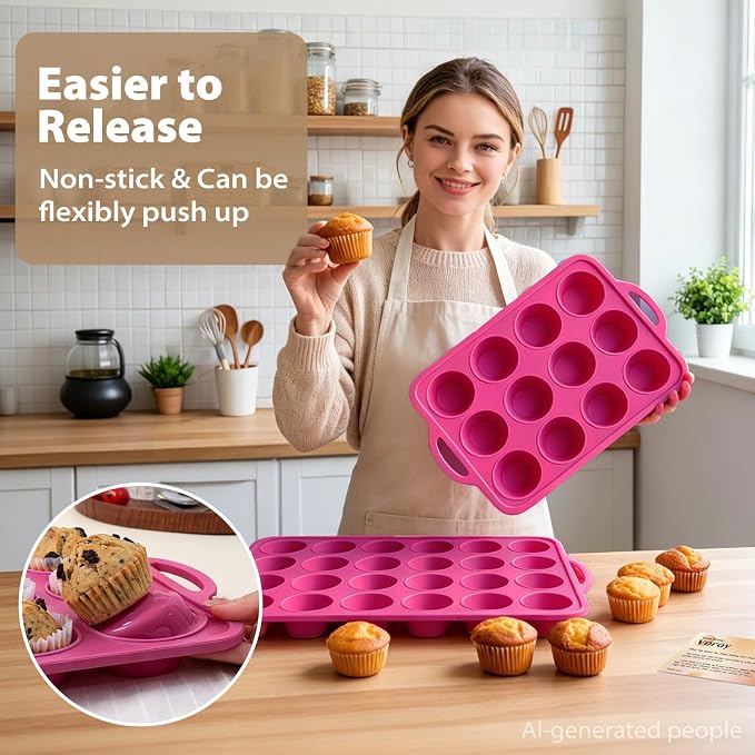 Silicone Mini Muffin Tin Set: 12 & 24 Small Cupcake Baking Tin with Frame | Easy Release - Complete Shaping Each Use Avoid Re-baking - BPA-free Muffin Trays Reinforced Frame for Oven Home Bakers Vnray
