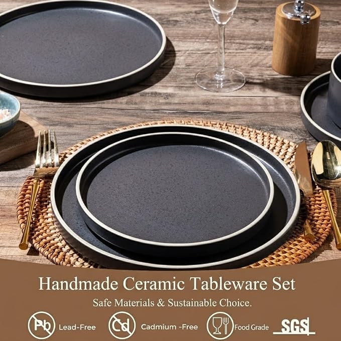 LERATIO Stoneware Dinnerware Sets for 6,18-Piece Matte Plates and Bowls Set | Handmade High Edge Rim ceramic Dish Set,Oven & Microwave,Dishwasher Safe,Scratch Resistant-Speckeld Black