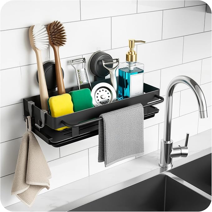 Sponge Holder for Kitchen Sink, Suction Cup Sink Caddy with Tray | Designed for smooth kitchen sink surfaces to organize sponges, brushes, soap and towels while opening up counter space