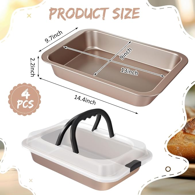 Qinyoung 4 Pcs Gold Cake Pan with Lid and Handle, 9 X 13 Inch | Non-stick, Rectangle Sheet Cake Pan, Covered Carrier, Brownie Roasting, Cooking, Baking