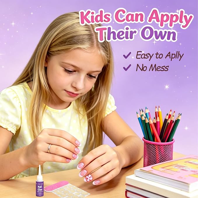 72pcs Press on Nails for Kids, French Tip Nails with Pearls, Bows, Flowers | Kids Press on Nails for 8-12, 12 Size, Non-Toxic, Fashion Nail Kit with Adhesive Tabs, Nail File, for Christmas, Birthday