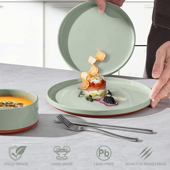 LIANYU 12 Piece Dinnerware Set for 4, Modern Style Stoneware Dinnerware Set | Scratch Resistant, Dishwasher Safe Bowl and Plate Sets, Ceramic Dish Dinner Set, Laurel Green
