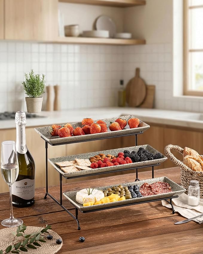 LAUCHUH 3 Tier Serving Trays for Party, Porcelain Dessert Party Display Set | 14 inch Serving Platters & Trays with Collapsible Sturdier Rack Tiered Tray Stand for Halloween Thanksgiving, Speckled Gray