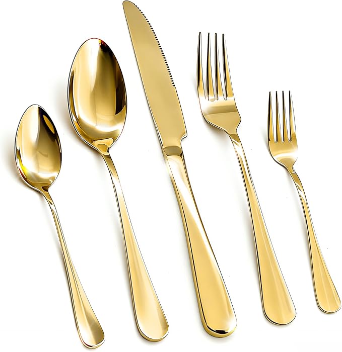 20 Piece Silverware Set, Kitchen Utensils Set for Restaurant & Home, Stainless Steel Cutlery Set, Flatware Set include Forks, Knives, Spoons, Gold