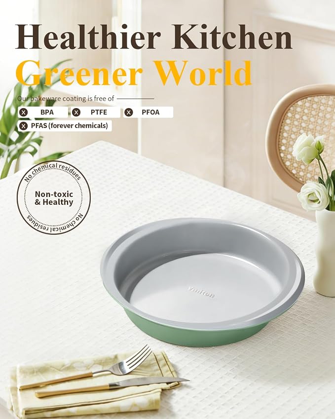 9 Inch Nonstick Ceramic Round Cake Pan with Handle, Pistachio Green | PFOA/PFAS/PTFE-free aluminized steel, ceramic coated. Oven safe 550°F, dishwasher safe. For cakes, cheesecakes & brownies
