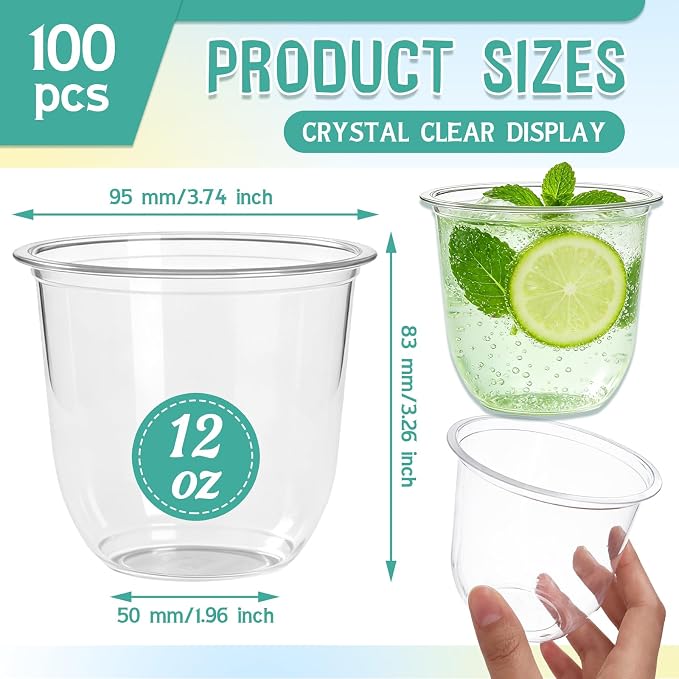 Alaeseje 100 Pcs Disposable Stemless Wine Glasses,12 oz Cocktail Cups | Round Bottom Clear Plastic Party Cups for Meeting Weddings Birthday Party Supplies
