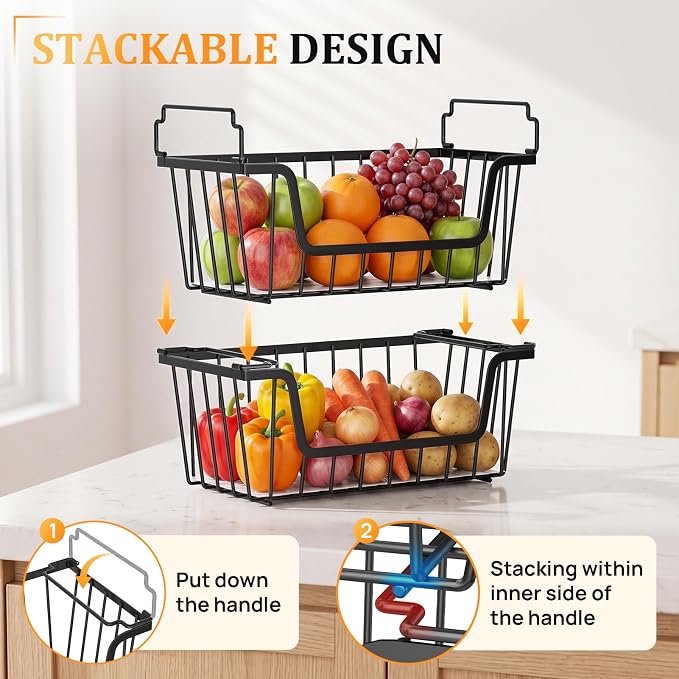 SUNALLY Stackable Storage Bins 4 Pcs Wire Baskets Freezer Organizer, Black | Pantry Organizers Storage, Vegetable Fruit Storage Basket for Countertop, Kitchen Baskets for Onion Potato Snack Cans Storage
