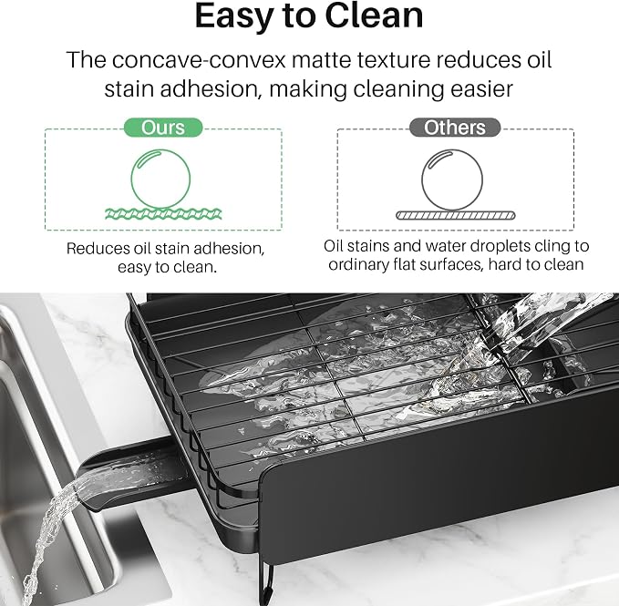 SNTD Large Dish Drying Rack for Kitchen Counter, Expandable, Black | Stainless Steel Dish Drainer, Adjustable Length 18.9''-29.3'', Automatic Drainage, 360° Spout, Cutlery Holder with Knife Slot