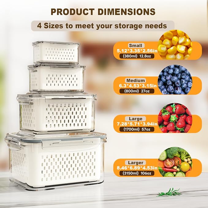 Dayacoco Fruit Storage Containers for Fridge 4 Pcs with Drain Basket | Fridge organizers & storage - 4 fruit containers w/ drain baskets, BPA-free PP, leak-proof seal, stackable, DW/MW safe.