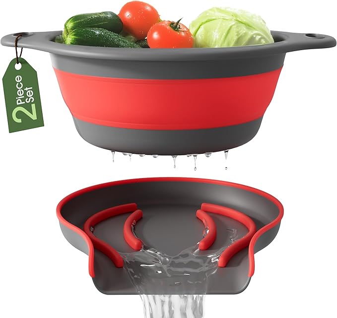 Strainer with Self-Draining Base (5QT) Over-Sink Collapsible Kitchen Colander Set with Side-drain Base for Pasta Vegetables and Fruit, XL Large Capacity, Dishwasher Safe (5-Quart) Red/Gray