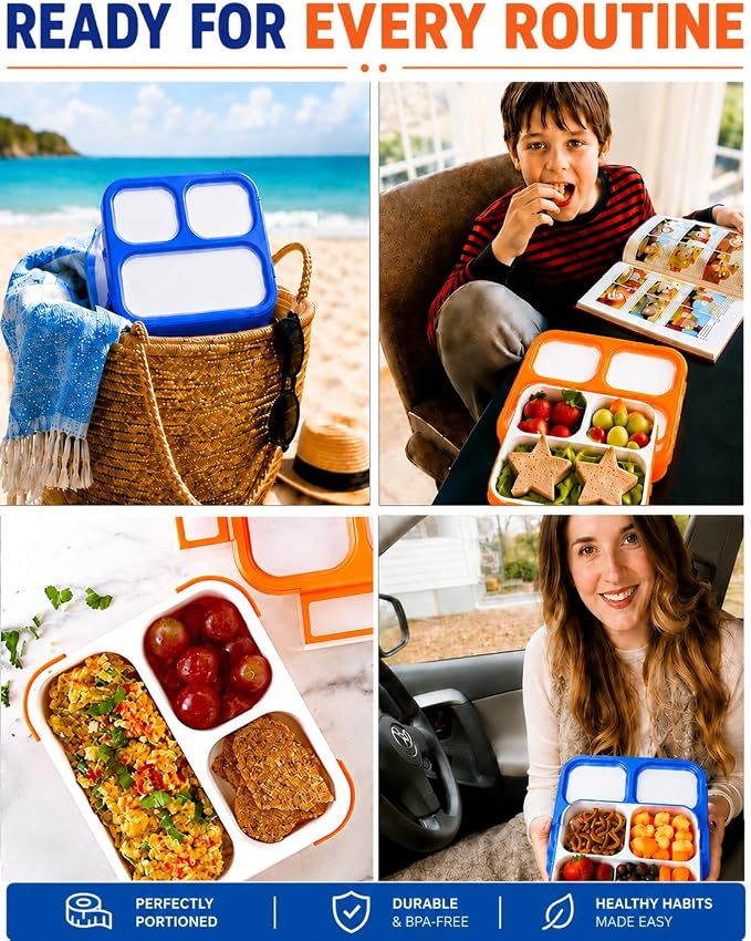 kinsho Bento Boxes for Kids, Lunch Box Set For Boys Girls Toddlers, Leak Proof 3 Compartment Meal or Snack Containers Perfect for School Travel Work, BPA Free. Blue Orange 2 Pack Medium - Small