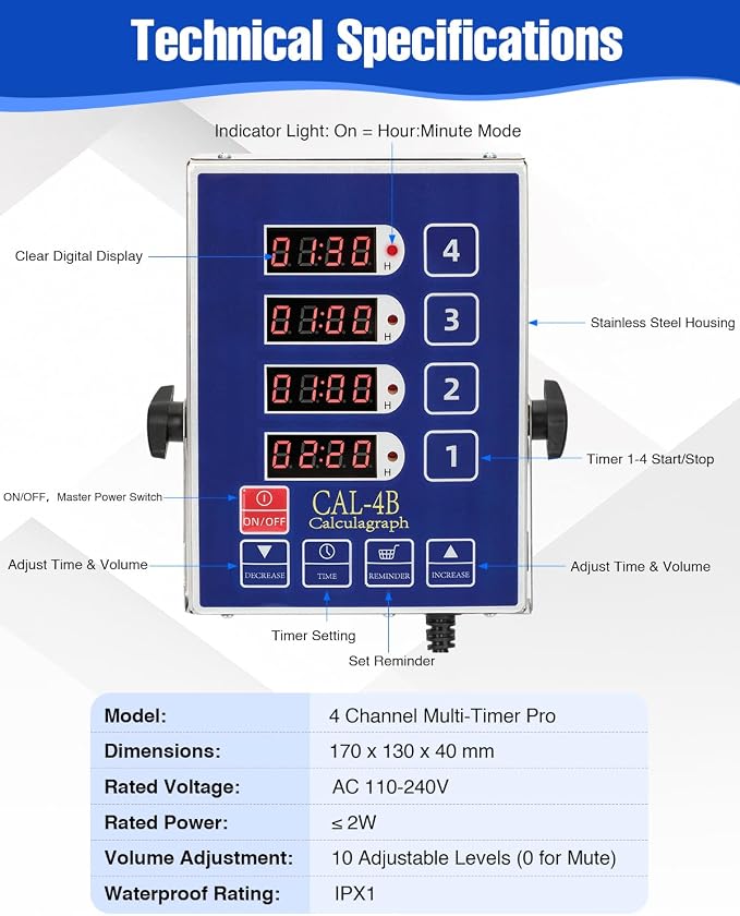 Commercial Kitchen Timer for Cooking, 4 Channel Timer Restaurant Kitchen Supplies, Heavy-Duty Timer - Stainless Steel | Digital LED Technology | Reminder Function | Loud Alarm