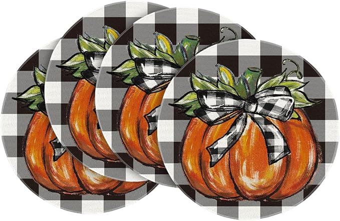 Artoid Mode Buffalo Plaid Pumpkin Fall Round Placemats Set of 4, 14 Inch Round Table Mats for Dining Decoration | Heat-Resistant, Washable Table Mats, Seasonal Autumn Bowknot Kitchen Dining Decor