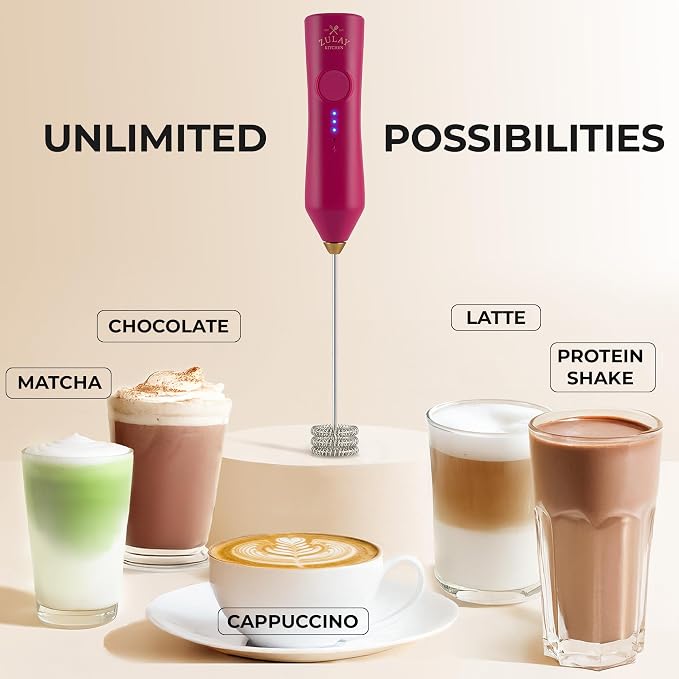 Zulay Kitchen Rechargeable Milk Frother Handheld - Frother Wand, Drink Mixer, Electric Whisk Frother, for Cappuccinos, Matcha & Protein Powder - Dynamic Triple Whisk, 3 Speed 500mAh Dragonfruit Gold