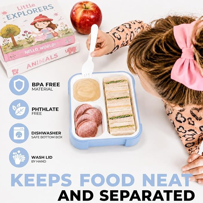 kinsho Medium Bento Boxes for Kids, Lunch Box for Boys Girls Toddler Adults, Leak-Proof 3 Compartment Containers for Meal or Snack at School Daycare Work Travel, BPA Free 2 Pack (Pastel Blue + Pink)