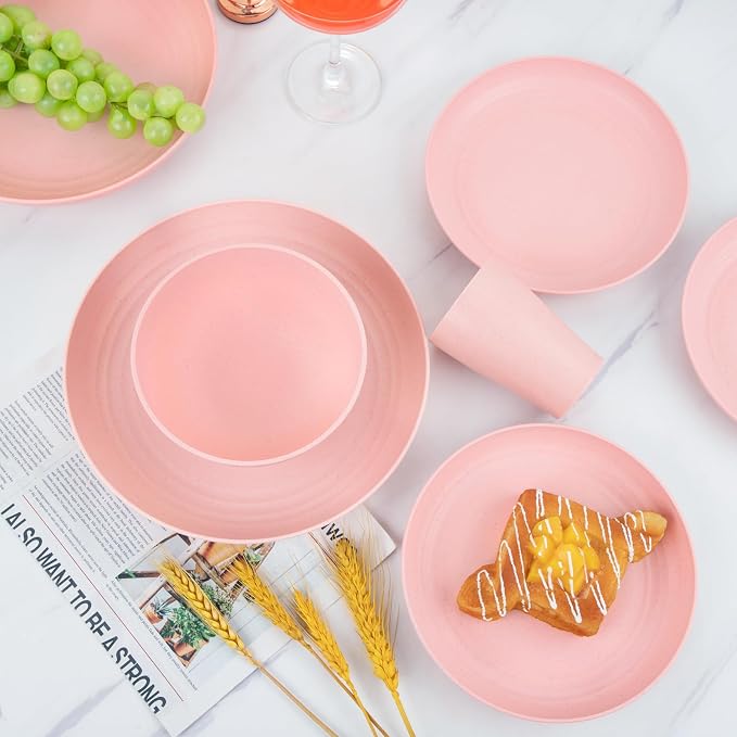 32Pcs Pink Plates and Bowls Sets for 8, Unbreakable Dinnerware | Lightweight reusable wheat straw pink dishes set. Shatterproof pastel camp plates & bowls for college dorm, RV, or picnics.