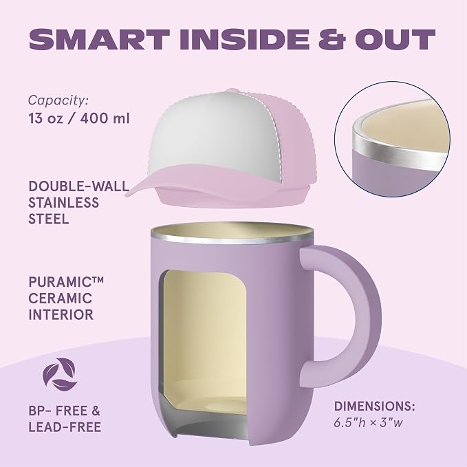 asobu Happy Hat Mug – 12 oz Double-Walled Stainless Steel Insulated Cup with Beanie-Shaped Lid – Ceramic Inner Coating – Spill-Proof and Ergonomic Design for Home and Travel (Puple)