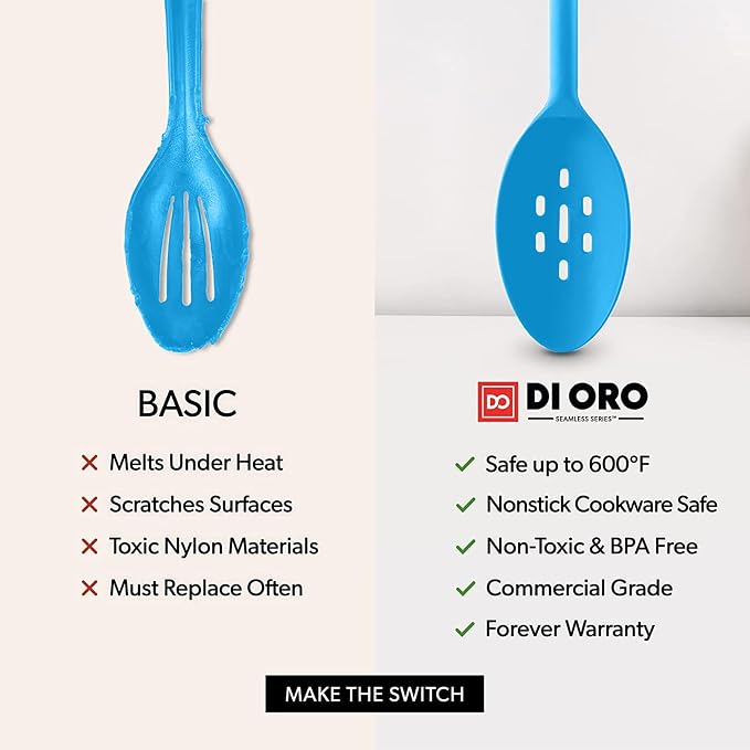 DI ORO Silicone Cooking Spoons - Solid & Slotted Set, 2-Pc Blue | Large heads for mixing, serving, and stirring; Heat-resistant to 600F for nonstick cookware; BPA-free and dishwasher safe