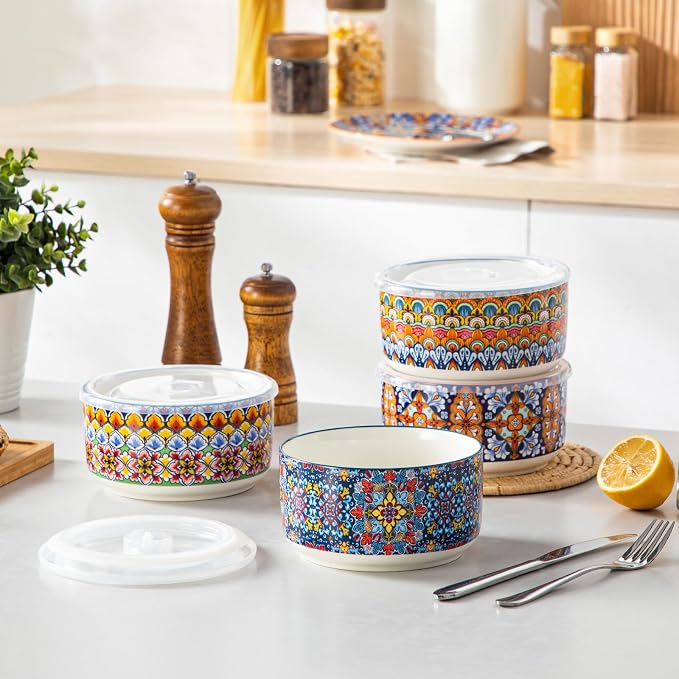 vancasso SIMI 36 oz Ceramic Bowls with Lids Set of 4,Bohemian Serving Bowl | 6 Inch Food Storage Containers Prep Bowls for Leftovers, Soup, Cereal, Meal Prep, Office Lunch, Microwave & Dishwasher Safe