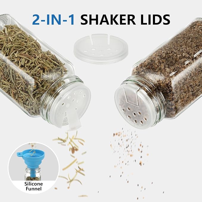 24Pcs Glass Spice Jars with Labels, 4oz Spice Containers with Bamboo Lids, Square Seasoning Containers Trial and Supplement Set for Spice Rack, Drawer, Cabinet