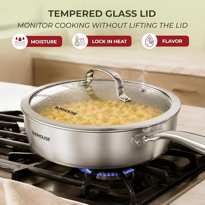 Sunhouse 4QT Stainless Steel Deep Sauté Frying Pan with Lid 11 Inch Skillet | Tri-Ply 18/10 Stainless Steel Deep Saute Pan, Dishwasher & Oven Safe up to 900°F, Induction Compatible with All Cooktops