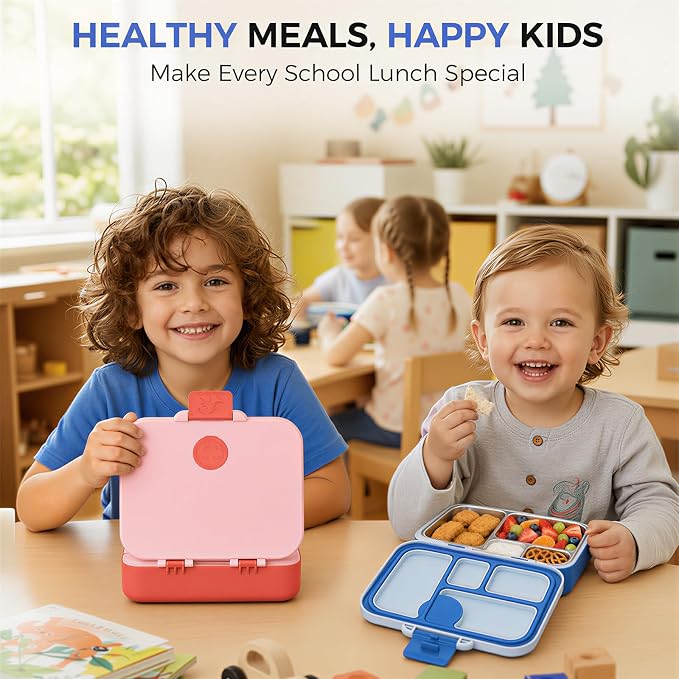 Kids Stainless Steel Bento Lunch Box, 4 Compartments | Leak-Resistant 4 Cups Lunch Container for Ages 4+ with Easy-Open Latch, Removable Seal & Meal Feedback Icon