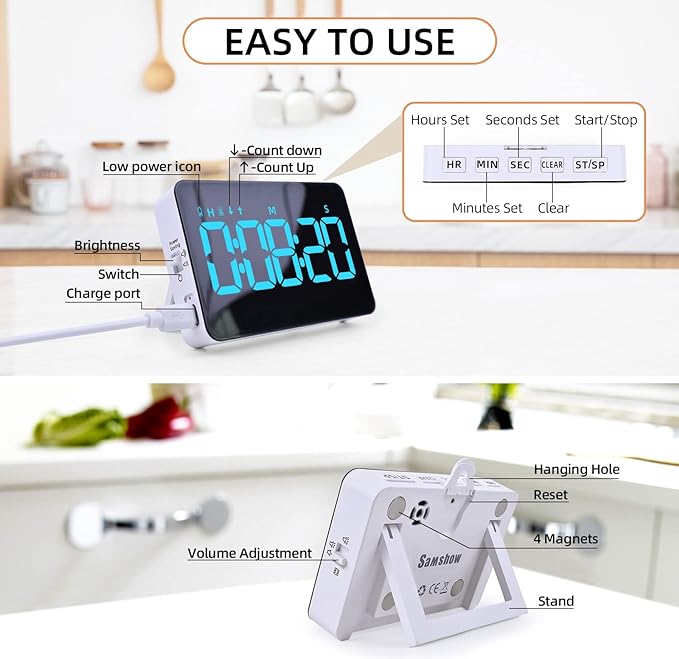 Samshow Rechargeable Digital Kitchen Timer, Ice Blue, 5 Inch | Countdown/Up, 3 Adjustable Brightness, 4 Adjustable Volume , 5" LED Display, Magnetic, For Classroom/Office/Home/Work/Game