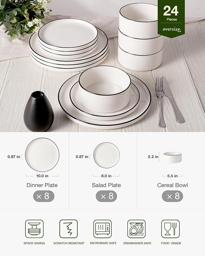 Famiware Porcelain 24-Piece Dinnerware Set, White with Black Trim | Plates and Bowls for 8, Dishwasher & Microwave Safe, Chip & Scratch Resistant, Ideal for Everyday & Formal Use