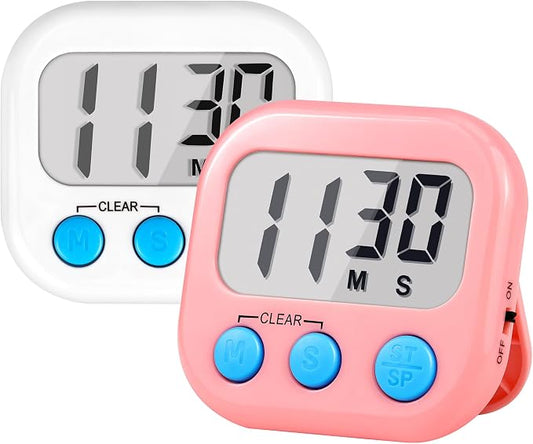 Timer for Kids Digital Kitchen Timers for Cooking- 2 Pack White Pink | Countdown Timer for Classroom Study Exercise Teacher Supplies, Strong Magnetic, Loud Alarm, Large Screen, Fast Reset, Memory