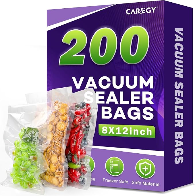 CAREGY Vacuum Sealer Bags 200 Quart | 8" x 12" with BPA Free for Food Storage Meal Prep or Sous Vide