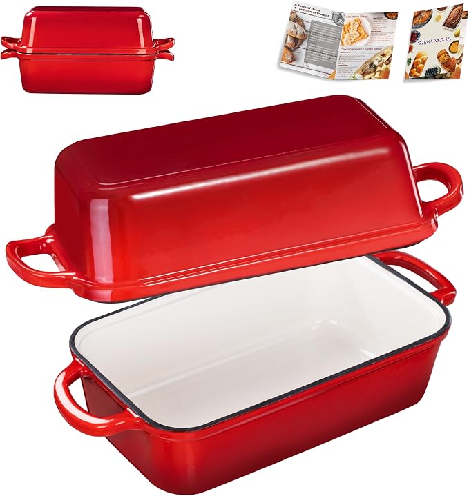 GRMImosa 9x5 Inch Cast Iron Loaf Pan with Lid, Loaf Pans for Homemade Bread | Cast Iron Bread Pan with Lid for Sourdough Baking, 9x5 Loaf Pan with 2-in-1 Design, Even Heat Distribution, Enameled Cherry