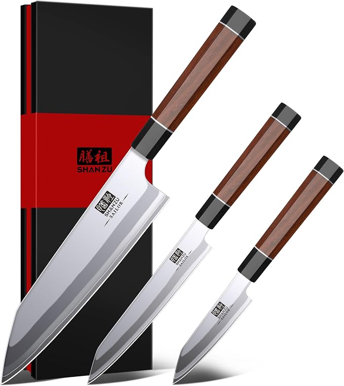 SHAN ZU 3PCS Japanese Knife Set, 9 Layers 10Cr15MoV High Carbon Steel | Professional Kitchen Knives, Sharp Chef Knife Set with Ergonomic Red Sandalwood Handle, Sashimi Cooking & Cutting Knives Set