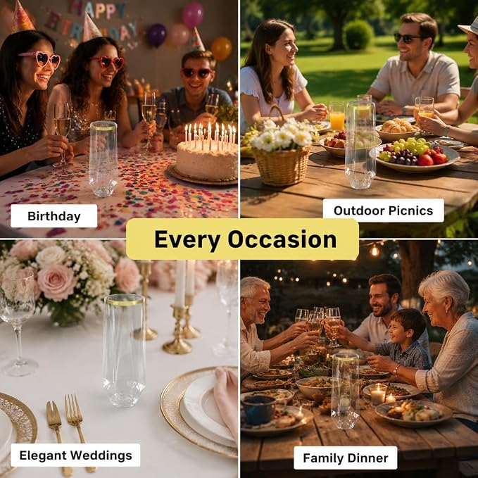 Lueumxc 56 Pack Plastic Wine Glasses Disposable Diamond Champagne Flutes, 32 Pcs 9 OZ Stemless Champagne Flutes & 24 Pcs 12 OZ Disposable Wine Glasses, BPA-Free