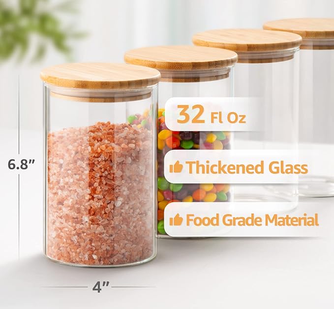 32 Oz Glass Jars with Bamboo Lid 3mm Thick Upgrade Clear (4 Pack) | Airtight, Thickened Glass, Large, For Salad Meal Prep Dry Foods Yogurt Cereal Chia Pudding, Kitchen Pantry Storage Canisters