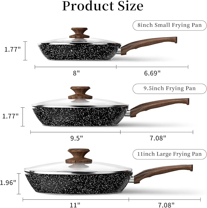 Innerwell Nonstick Ceramic Frying Pans Skillets Set with Lid 8"+9.5"+11" | No Toxic Egg Omelette Frying Pan Set, All Stove Compatible, Healthy Granite Induction Cooking Pan, PFOA & PFAS Free