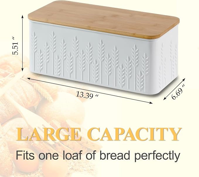 Large White Ear of Wheat Embossed Bread Box with Bamboo Lid | Corner Breadbox for Homemade Bread, Metal Bread Storage Container Bin for Kitchen Countertop