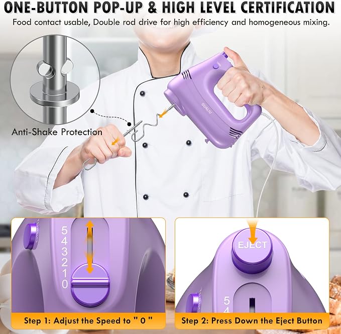 GUALIU Electric Hand Mixer, 304*(2* Beaters, 2* Dough Hooks), (1* Storage Bag) Handheld Mixer for Baking Cakes, Eggs, Cream Food Mixers, Turbo Boost /5 Speed Kitchen Blender PURPLE