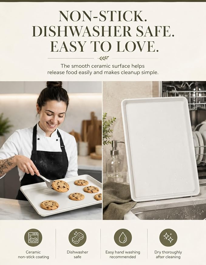 Ceramic Baking Sheet Half Size 17"x11" - Heavy Duty 0.6mm Aluminized Steel Pan, KFCC Ceramic Nonstick Cookie Sheet, Oven Safe to 550°F, Rustproof & Warp Resistant Baking Tray (2PCS)