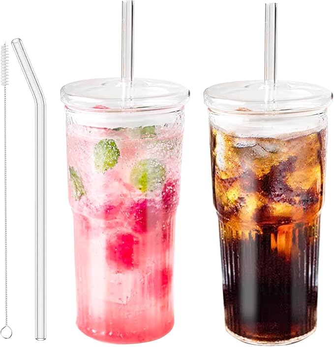 JunVpic Glass Coffee Tumbler, 20 oz Glass Cup with Lid and Straw | Clear glass design, Hammered Texture, reusable straw and lid for iced coffee, tea, smoothies and hot & cold drink