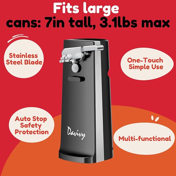 Davivy Electric Can Opener, One Touch Lid Opener, Removable Stainless Steel Cutter and 3-in-1 Design, with Sharpener and Bottle Opener (Black)