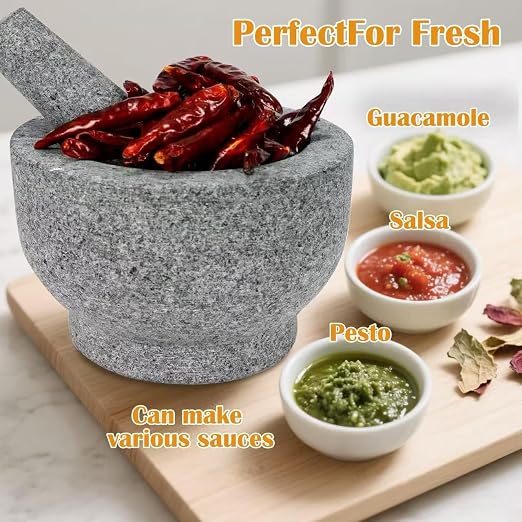 7" Heavy Granite Mortar and Pestle Set, 4 Cup，Molcajete,Guacamole Bowl | Natural Unpolished Stone Grinder for Spices, Garlic, Seeds,Guacamole, Herbs & Kitchen Use